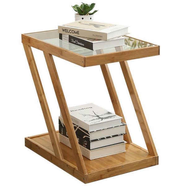 Modern Minimalist Bamboo & Glass Z-Shaped Rectangular End Table With 2-Tier For Living Room - Image 15