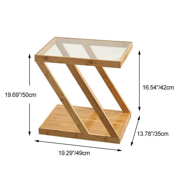 Modern Minimalist Bamboo & Glass Z-Shaped Rectangular End Table With 2-Tier For Living Room - Image 4