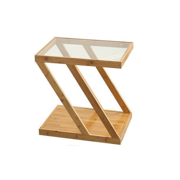Modern Minimalist Bamboo & Glass Z-Shaped Rectangular End Table With 2-Tier For Living Room - Image 17