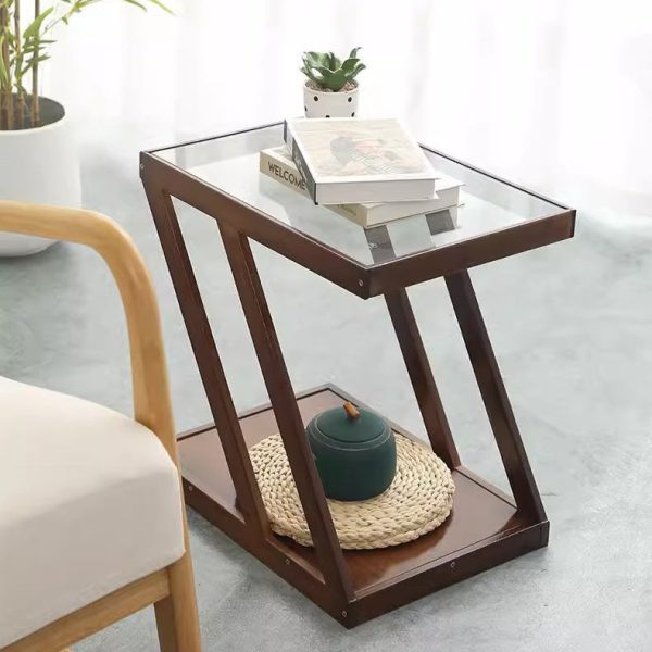 Modern Minimalist Bamboo & Glass Z-Shaped Rectangular End Table With 2-Tier For Living Room