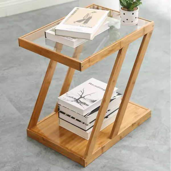 Modern Minimalist Bamboo & Glass Z-Shaped Rectangular End Table With 2-Tier For Living Room - Image 2