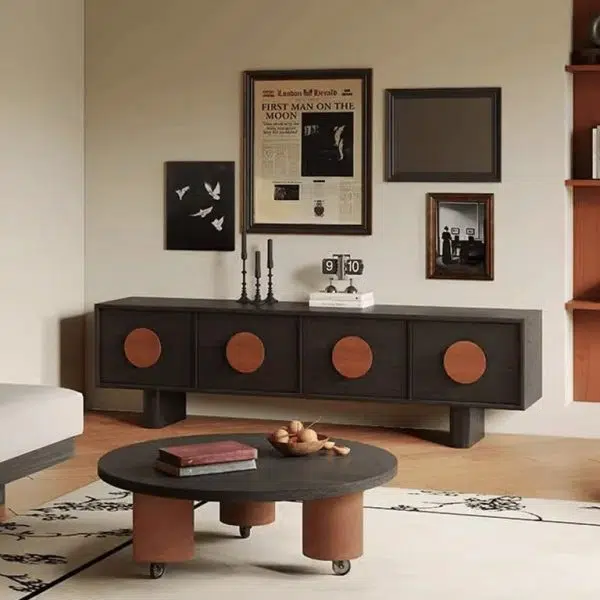 Contemporary Retro Pine & Waxed Wood Rectangular TV Stand Cabinet With 4 Drawers For Living Room & Bedroom - Image 9