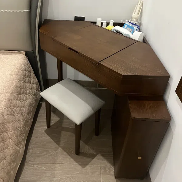 Contemporary Nordic Solid Wood Triangular Makeup Vanity & Stool Set With Mirror And Storage For Bedroom - Image 6