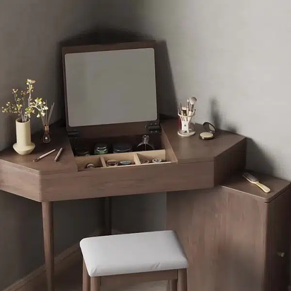 Contemporary Nordic Solid Wood Triangular Makeup Vanity & Stool Set With Mirror And Storage For Bedroom - Image 9