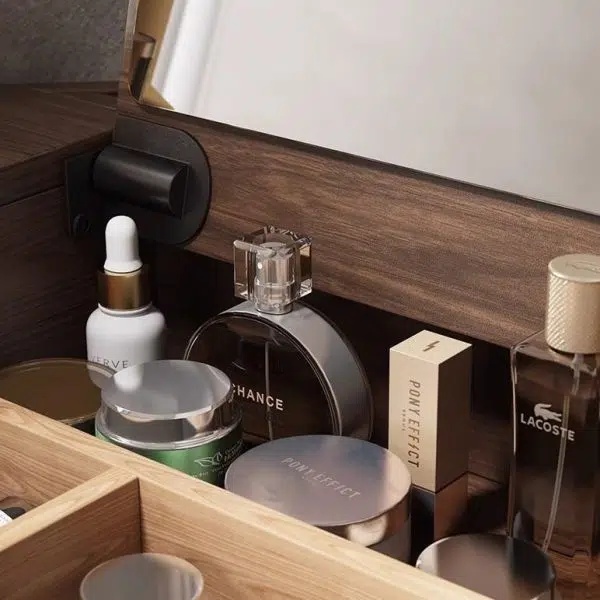 Contemporary Nordic Solid Wood Triangular Makeup Vanity & Stool Set With Mirror And Storage For Bedroom - Image 13