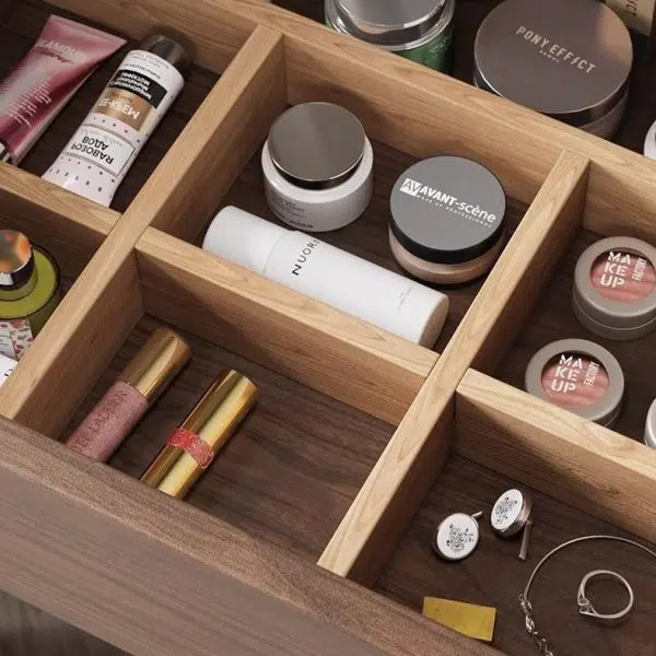 Contemporary Nordic Solid Wood Triangular Makeup Vanity & Stool Set With Mirror And Storage For Bedroom - Image 12