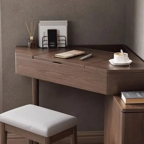 Contemporary Nordic Solid Wood Triangular Makeup Vanity & Stool Set With Mirror And Storage For Bedroom - Image 19