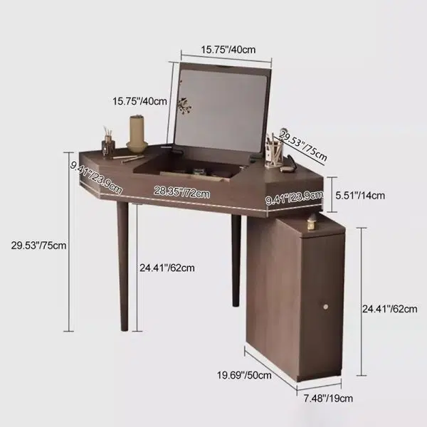 Contemporary Nordic Solid Wood Triangular Makeup Vanity & Stool Set With Mirror And Storage For Bedroom - Image 10