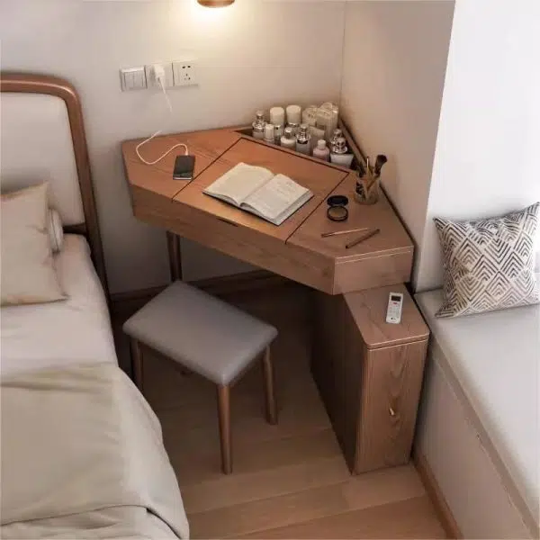 Contemporary Nordic Solid Wood Triangular Makeup Vanity & Stool Set With Mirror And Storage For Bedroom - Image 3