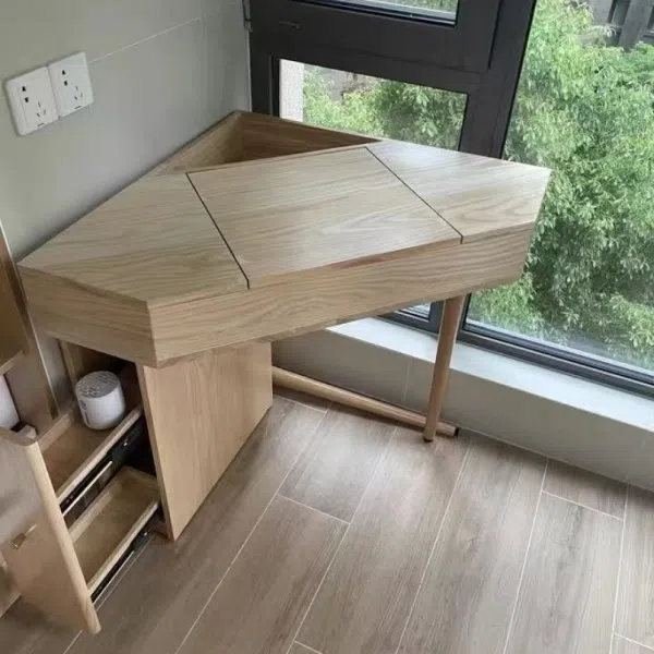 Contemporary Nordic Solid Wood Triangular Makeup Vanity & Stool Set With Mirror And Storage For Bedroom - Image 7