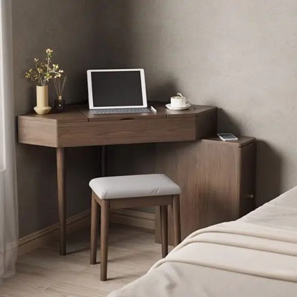 Contemporary Nordic Solid Wood Triangular Makeup Vanity & Stool Set With Mirror And Storage For Bedroom - Image 4