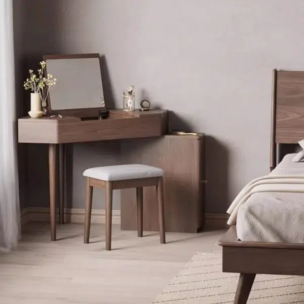 Contemporary Nordic Solid Wood Triangular Makeup Vanity & Stool Set With Mirror And Storage For Bedroom - Image 5