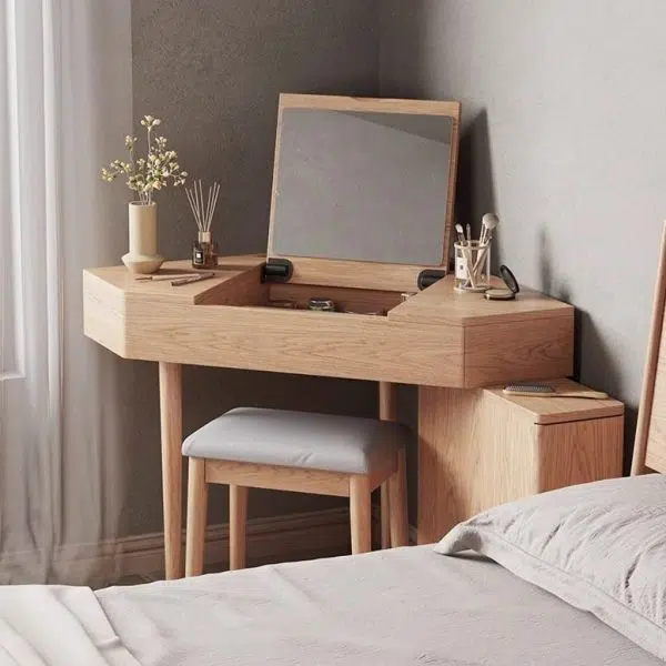 Contemporary Nordic Solid Wood Triangular Makeup Vanity & Stool Set With Mirror And Storage For Bedroom - Image 2