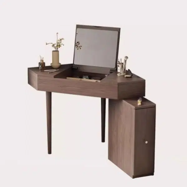 Contemporary Nordic Solid Wood Triangular Makeup Vanity & Stool Set With Mirror And Storage For Bedroom - Image 23