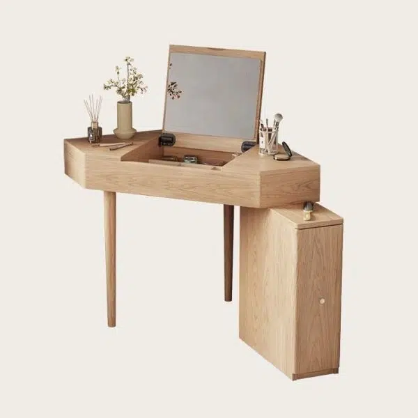 Contemporary Nordic Solid Wood Triangular Makeup Vanity & Stool Set With Mirror And Storage For Bedroom - Image 24