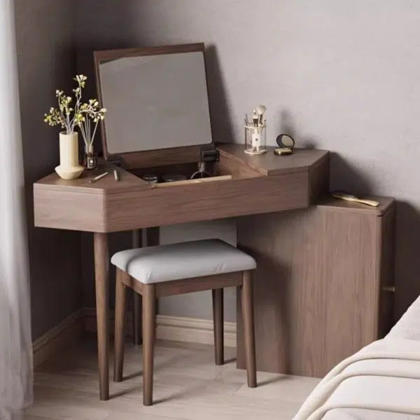 Contemporary Nordic Solid Wood Triangular Makeup Vanity & Stool Set With Mirror And Storage For Bedroom - Image 22