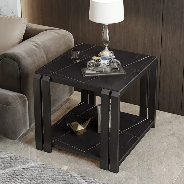 Contemporary Nordic Slab And Metal Square Side Table With 2 Tiers For Living Room - Image 2