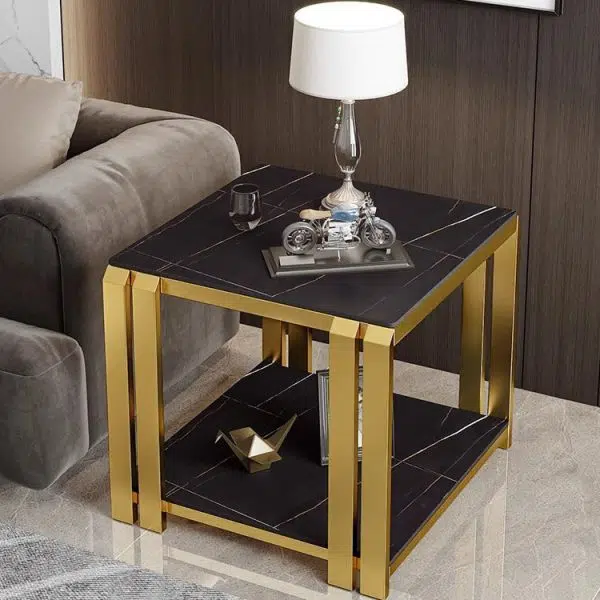 Contemporary Nordic Slab And Metal Square Side Table With 2 Tiers For Living Room - Image 21