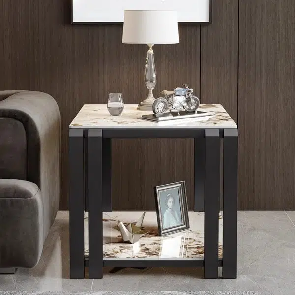 Contemporary Nordic Slab And Metal Square Side Table With 2 Tiers For Living Room - Image 14