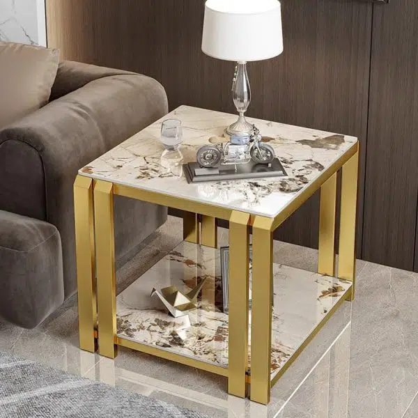 Contemporary Nordic Slab And Metal Square Side Table With 2 Tiers For Living Room - Image 22