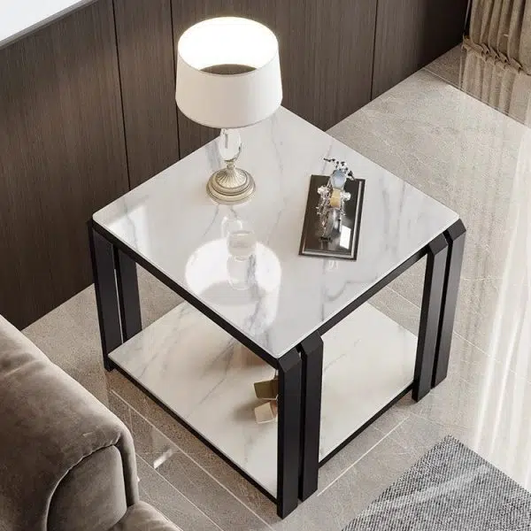 Contemporary Nordic Slab And Metal Square Side Table With 2 Tiers For Living Room - Image 13