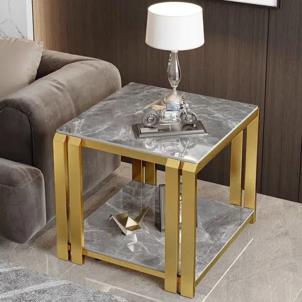 Contemporary Nordic Slab And Metal Square Side Table With 2 Tiers For Living Room - Image 20