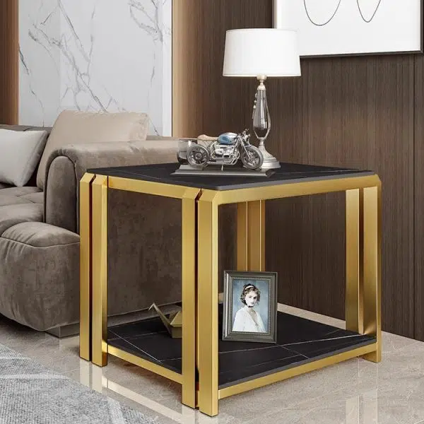 Contemporary Nordic Slab And Metal Square Side Table With 2 Tiers For Living Room - Image 23