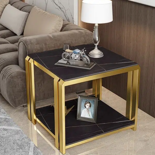 Contemporary Nordic Slab And Metal Square Side Table With 2 Tiers For Living Room - Image 25