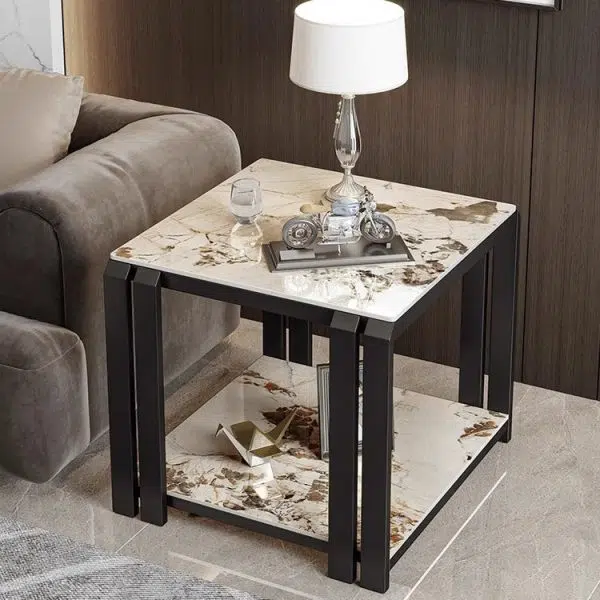 Contemporary Nordic Slab And Metal Square Side Table With 2 Tiers For Living Room - Image 26