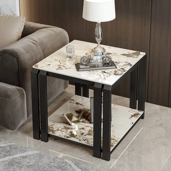 Contemporary Nordic Slab And Metal Square Side Table With 2 Tiers For Living Room - Image 4