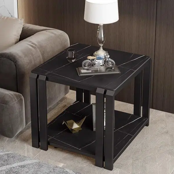 Contemporary Nordic Slab And Metal Square Side Table With 2 Tiers For Living Room - Image 18