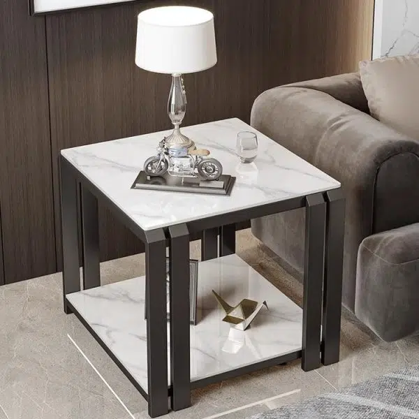 Contemporary Nordic Slab And Metal Square Side Table With 2 Tiers For Living Room - Image 27