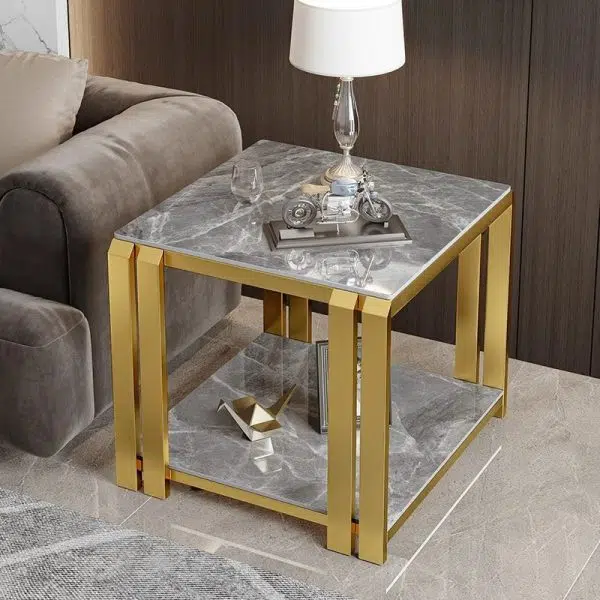 Contemporary Nordic Slab And Metal Square Side Table With 2 Tiers For Living Room - Image 29