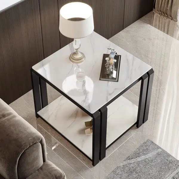 Contemporary Nordic Slab And Metal Square Side Table With 2 Tiers For Living Room - Image 17