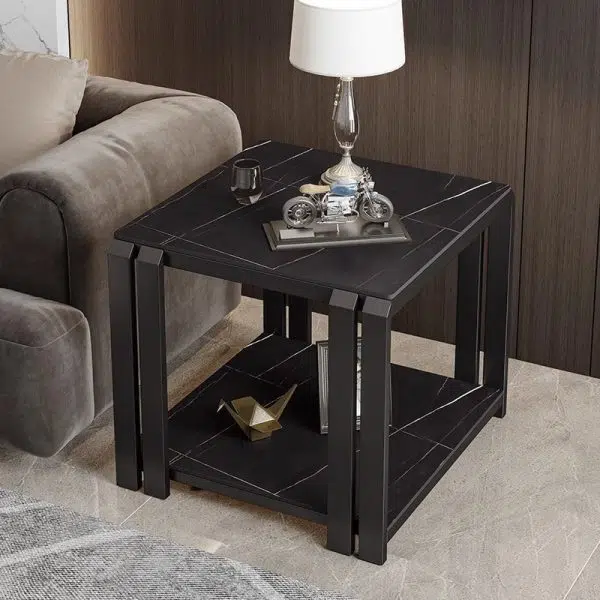 Contemporary Nordic Slab And Metal Square Side Table With 2 Tiers For Living Room - Image 30