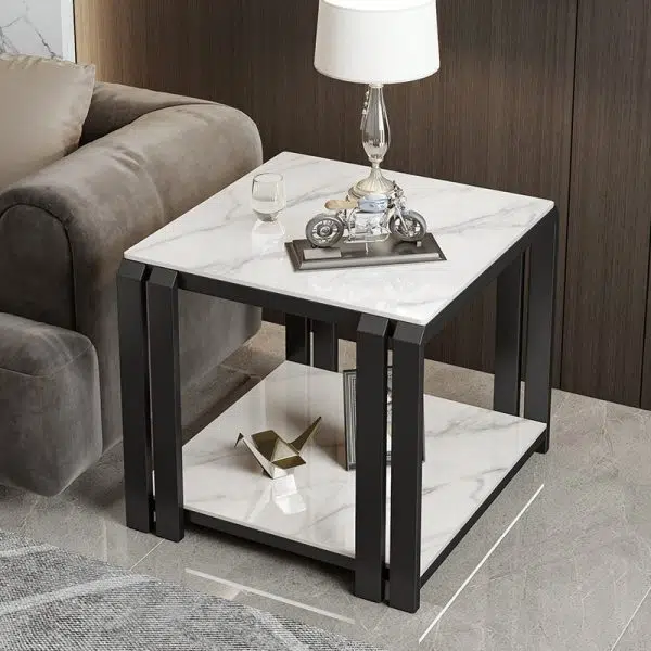 Contemporary Nordic Slab And Metal Square Side Table With 2 Tiers For Living Room - Image 15