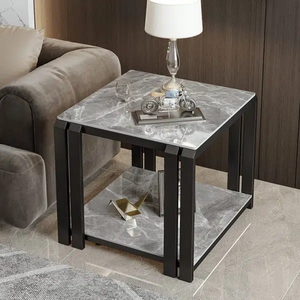 Contemporary Nordic Slab And Metal Square Side Table With 2 Tiers For Living Room - Image 7