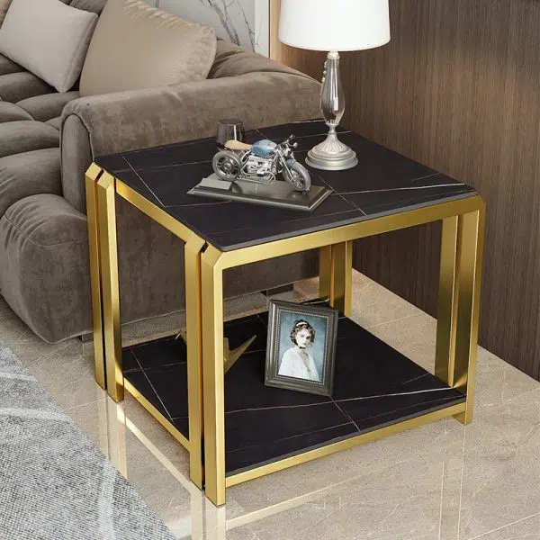 Contemporary Nordic Slab And Metal Square Side Table With 2 Tiers For Living Room - Image 19