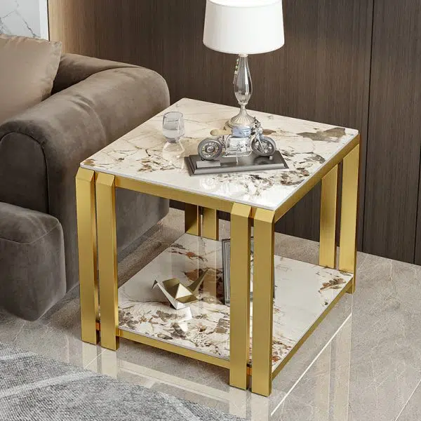 Contemporary Nordic Slab And Metal Square Side Table With 2 Tiers For Living Room - Image 5