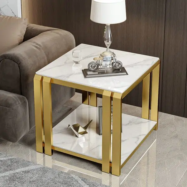 Contemporary Nordic Slab And Metal Square Side Table With 2 Tiers For Living Room - Image 3