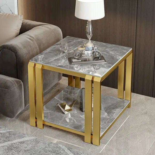 Contemporary Nordic Slab And Metal Square Side Table With 2 Tiers For Living Room - Image 6