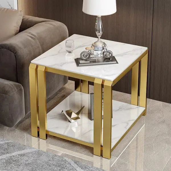 Contemporary Nordic Slab And Metal Square Side Table With 2 Tiers For Living Room - Image 16