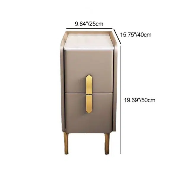 Contemporary Nordic Slab Leather Solid Wood And Carbon Steel Narrow Rectangular Nightstand With 2 Drawers For Bedroom - Image 9