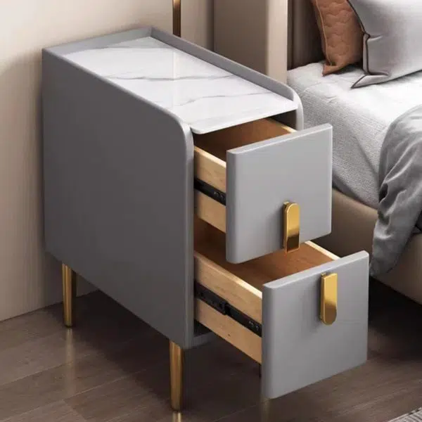 Contemporary Nordic Slab Leather Solid Wood And Carbon Steel Narrow Rectangular Nightstand With 2 Drawers For Bedroom - Image 10