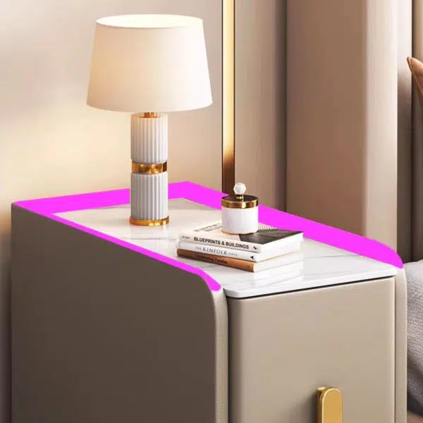 Contemporary Nordic Slab Leather Solid Wood And Carbon Steel Narrow Rectangular Nightstand With 2 Drawers For Bedroom - Image 13