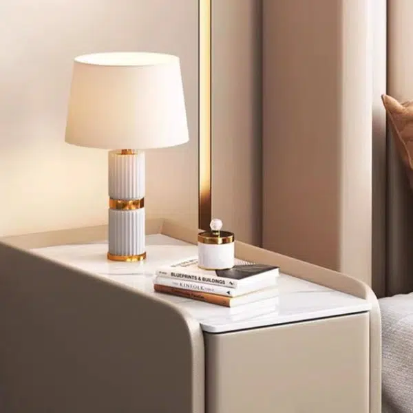 Contemporary Nordic Slab Leather Solid Wood And Carbon Steel Narrow Rectangular Nightstand With 2 Drawers For Bedroom - Image 14