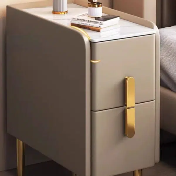 Contemporary Nordic Slab Leather Solid Wood And Carbon Steel Narrow Rectangular Nightstand With 2 Drawers For Bedroom - Image 11