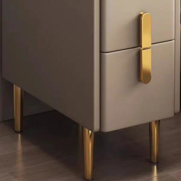 Contemporary Nordic Slab Leather Solid Wood And Carbon Steel Narrow Rectangular Nightstand With 2 Drawers For Bedroom - Image 12