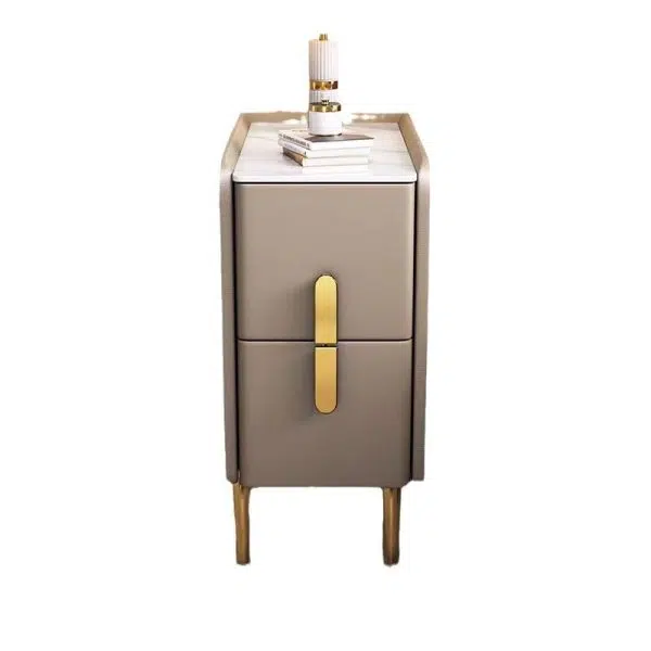 Contemporary Nordic Slab Leather Solid Wood And Carbon Steel Narrow Rectangular Nightstand With 2 Drawers For Bedroom - Image 16