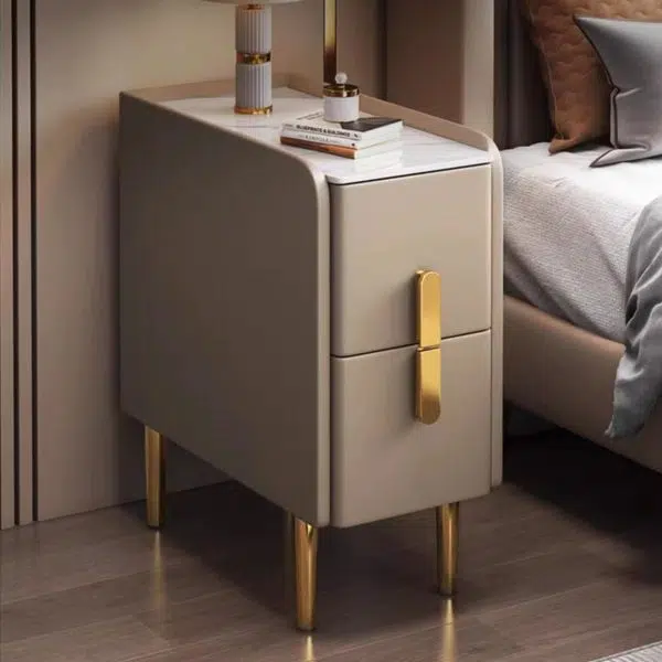 Contemporary Nordic Slab Leather Solid Wood And Carbon Steel Narrow Rectangular Nightstand With 2 Drawers For Bedroom - Image 15